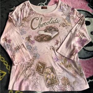 Flower n Ring y2k chocolate floral embellished shirt top xl